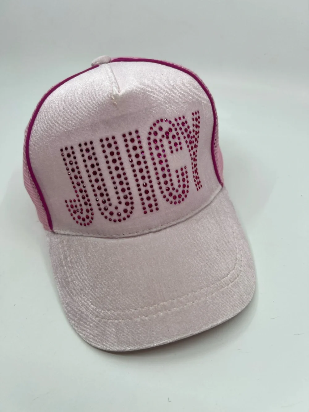 Juicy Couture Kid’s Baseball Cap Pink Velour with Jeweled Logo Trucker Mesh